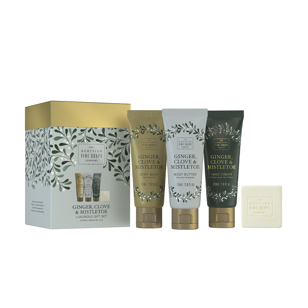 Набір Scottish Fine Soaps Ginger, Clove &amp; Mistletoe Luxurious Gift (гель для душу, 75 мл + батер для тіла, 75 мл + крем для рук, 75 мл + мило, 40 г)